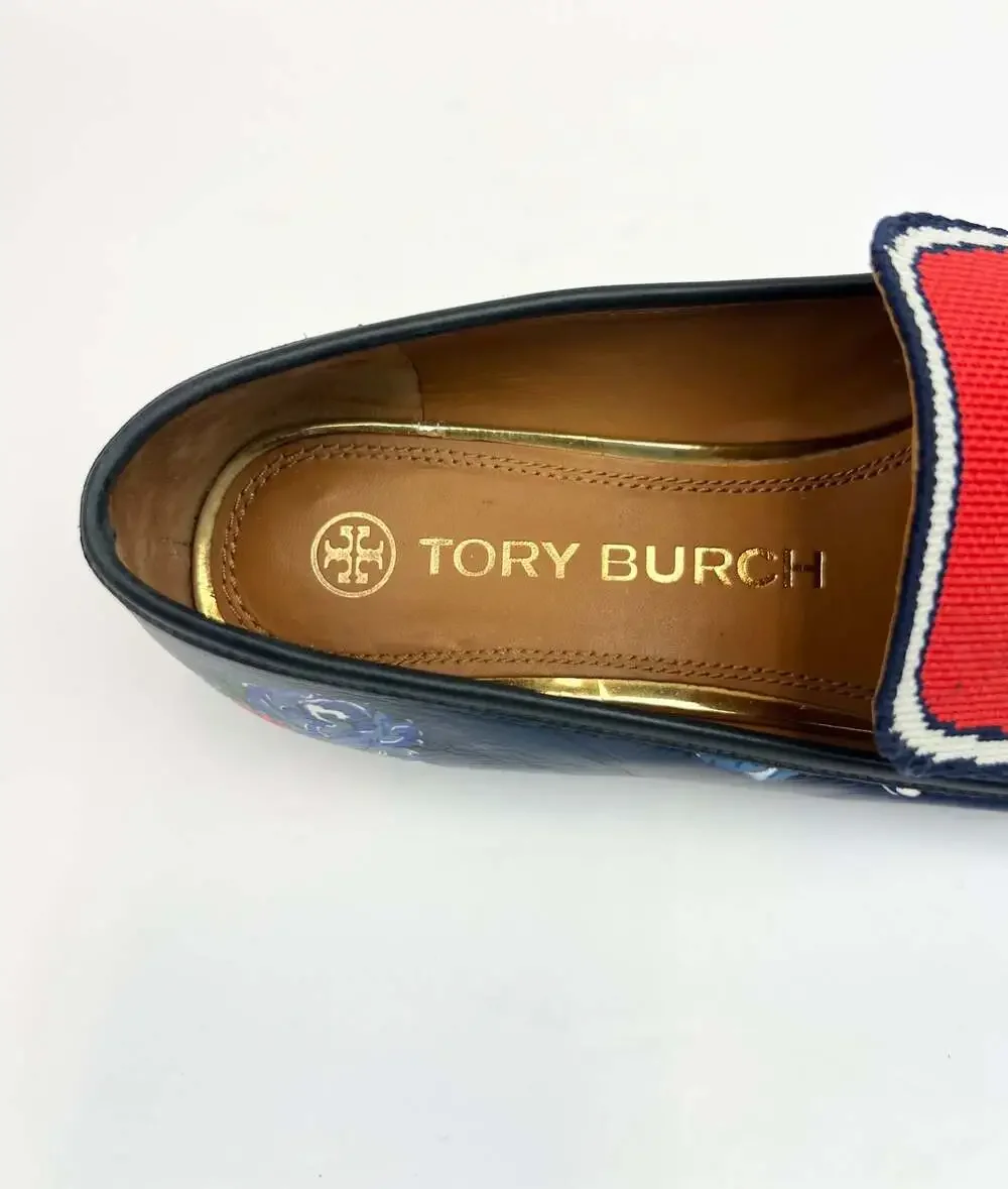 Tory Burch Jessa Floral Print Leather and Fabric Horsebit Loafers 8.5M Shoes